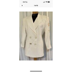 Solini White Double Breasted Star Blazer Womans Size 8 Vintage Y2K Rhinestones